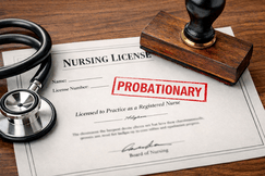 A nursing license on a wooden desk stamped “PROBATIONARY” in red ink, with a stethoscope and rubber stamp nearby.