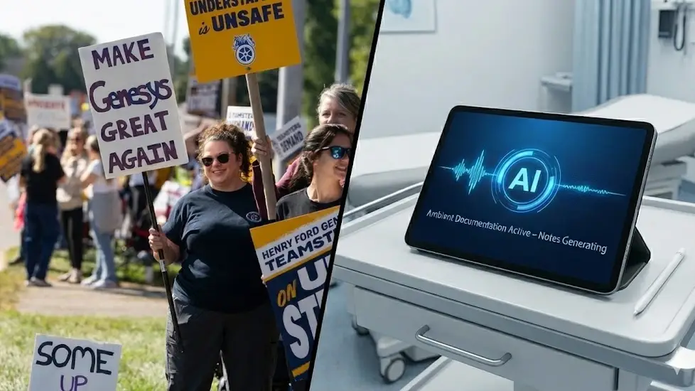 Split-screen image: Left side shows striking nurses holding picket signs. Right side shows a medical tablet displaying an AI documentation interface.