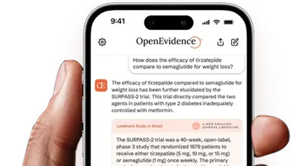 A smartphone displaying the OpenEvidence app interface. The screen shows a medical evidence summary comparing tirzepatide and semaglutide for weight loss, including a short description and a chart.