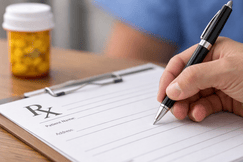 Close-up of a healthcare professional writing on a prescription pad with an amber pill bottle blurred in the background.
