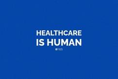 Blue background graphic with the words “Healthcare Is Human” in white text and the FIGS logo underneath.