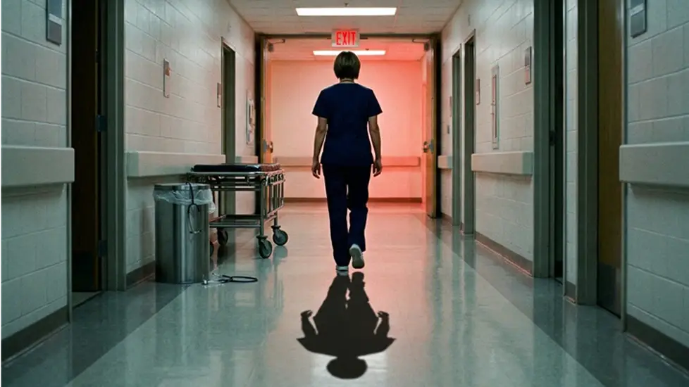 A nurse in scrubs walks toward a glowing "EXIT" sign in a long, sterile hospital hallway. On the left, her discarded stethoscope hangs over a trash can near a gurney.