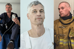 Ned Brower shown in three side-by-side photos—wearing ER scrubs during a mirror selfie, a neutral portrait in a white shirt, and firefighter turnout gear—reflecting his varied career background.