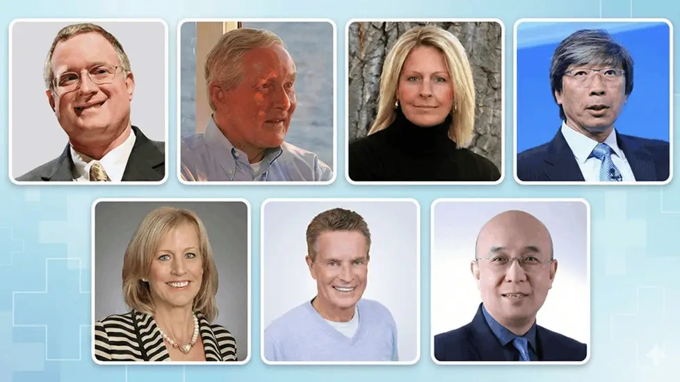 A collage of seven professional portraits arranged in two rows against a light blue medical background.