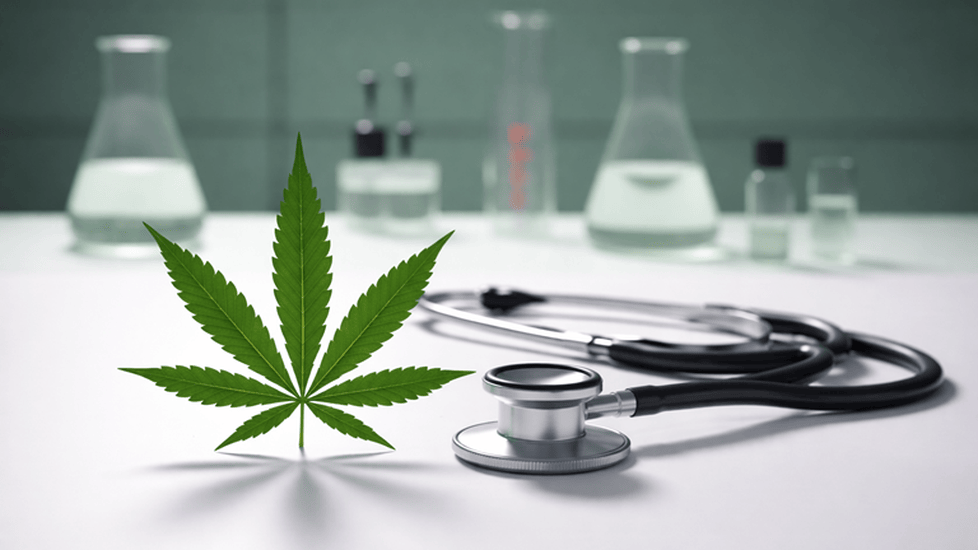 A stethoscope and a green seven-leaf cannabis plant on a white clinical surface, symbolizing medical research.