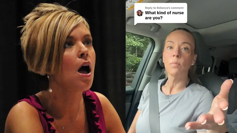 Side-by-side images of Kate Gosselin—left from her Jon & Kate Plus 8 TV days with a bob haircut, right in 2025 wearing scrubs and sharing about her pediatric nursing work.