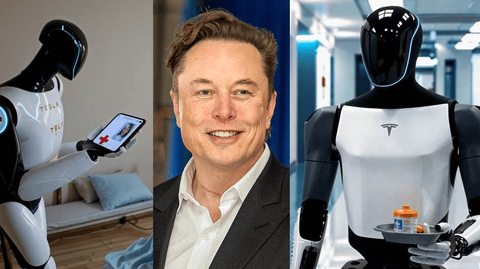 Tesla Optimus humanoid robot in black and white, holding a tablet showing patient information and a tray with medicine bottles, demonstrating its potential as a nursing assistant in healthcare setting