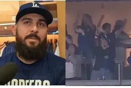Split image showing Los Angeles Dodgers pitcher Alex Vesia speaking into a microphone, and a group of nurses and medical staff cheering in a stadium suite during a game.
