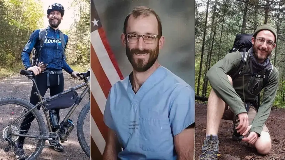 Three-photo collage of VA ICU nurse Alex Pretti: biking on trail, smiling in blue VA scrubs with flag, kneeling outdoors with backpack.