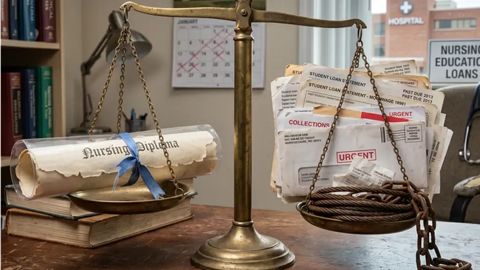 A vintage brass balance scale on a worn wooden desk contrasts a rolled nursing diploma on one tray with a heavily weighted stack of student loan papers and a rusty chain on the other.