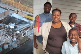Aerial view of the partially collapsed Bristol Health & Rehab Center after a gas explosion, alongside a family photo of CNA Muthoni Nduthu with her three sons, whom she leaves behind.