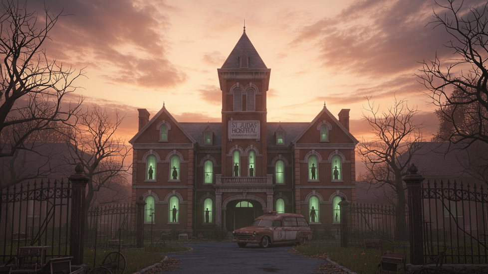 Haunted hospital exterior with a full moon, fog, and a rusty ambulance.
