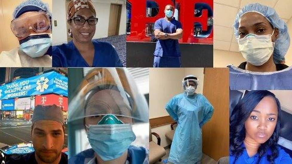 Collage of nurses wearing ppe working in new york