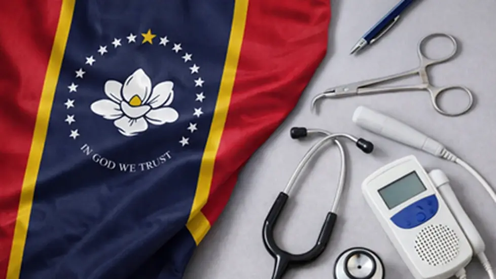 Mississippi state flag displayed beside a stethoscope and fetal Doppler, representing nurse-midwifery and maternal health care.