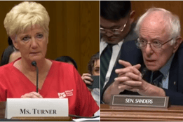 Photos of NNU President Mary Turner, RN, testifying before the Senate HELP Committee in red union scrubs, and Senator Bernie Sanders speaking during the hearing on the national nurse staffing crisis.