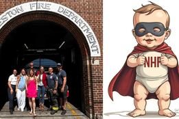 Group of first responders and NeoHERO Foundation members at Charleston Fire Department entrance; superhero baby mascot in cape with NHF text.