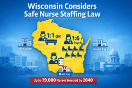 Graphic of the Wisconsin state map highlighting proposed nurse-to-patient ratios under the Nurse Staffing and Patient Protection Act.