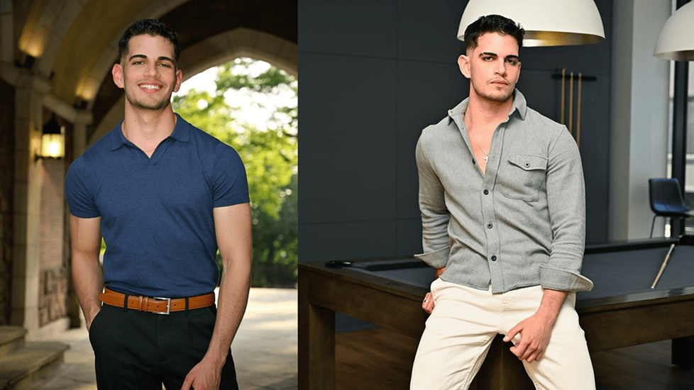 Two stylish photos of Jean Carlo Salazar: one outdoors in a fitted blue polo and black pants, and another sitting casually on a pool table wearing an open-collar gray shirt and light pants.