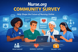 Illustration of diverse nurses using laptops and tablets, representing an online nursing community focused on mentorship, burnout support, and career resources.