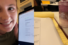 split image showing nurse chaunie brusie taking a real estate class