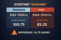 Overtime “Shaving” graphic showing 100.75 hours worked but only 85.25 hours paid.
