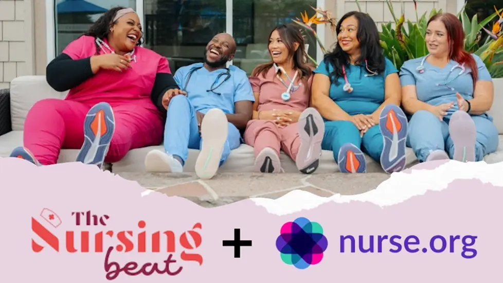 Nurses in scrubs sitting together with The Nursing Beat and Nurse.org logos representing their partnership.