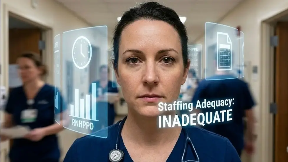 A worried nurse stands in a hospital hallway with transparent screens showing "RNHPPD" and data. Bold text reads: "Staffing Adequacy: INADEQUATE."