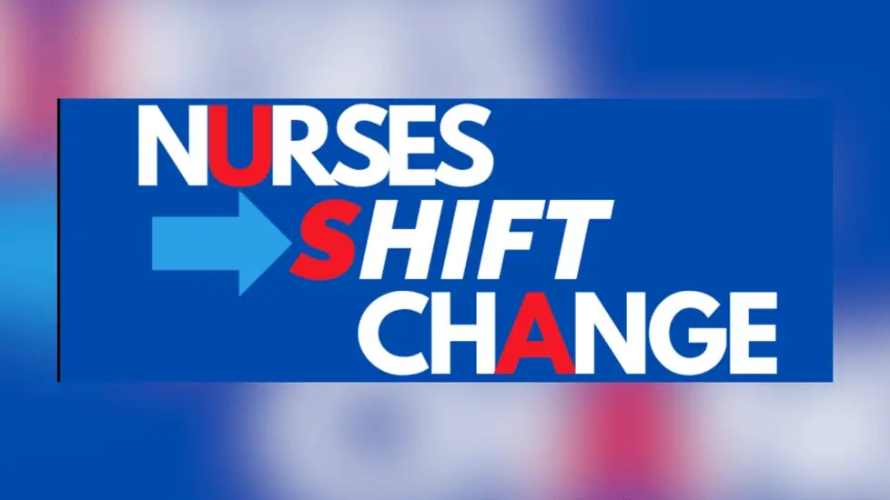 Blue graphic featuring the words ‘Nurses SHIFT Change’ with an arrow symbol, used by a grassroots coalition of nurses.