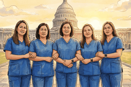 A watercolor illustration shows five Filipino nurses in blue scrubs with linked arms, standing in front of the U.S. Capitol building at sunrise.