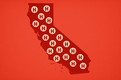 Red map of California with white hospital icons showing financially distressed hospitals across the state.