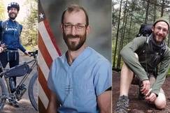 Three-photo collage of VA ICU nurse Alex Pretti: biking on trail, smiling in blue VA scrubs with flag, kneeling outdoors with backpack.
