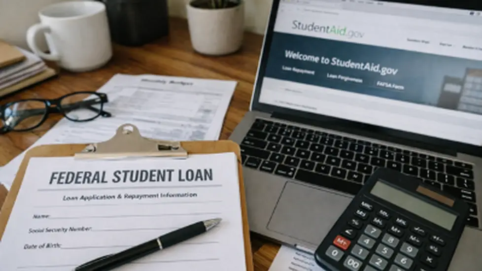 Federal student loan application form on a clipboard next to a laptop open to StudentAid.gov and a calculator.