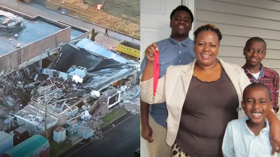 Aerial view of the partially collapsed Bristol Health & Rehab Center after a gas explosion, alongside a family photo of CNA Muthoni Nduthu with her three sons, whom she leaves behind.