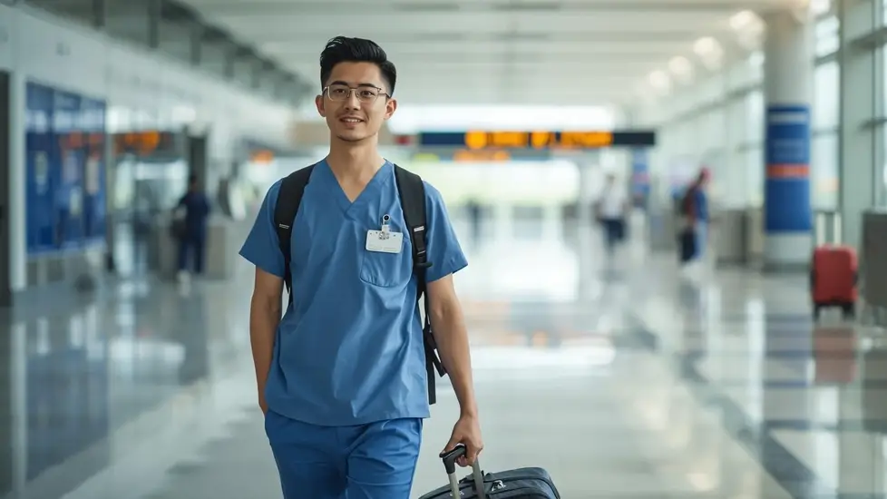 travel nurse walking through the airport