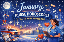Illustration of a nurse in blue scrubs holding a clipboard under a starry night sky with zodiac symbols and the text “January Nurse Horoscopes.”