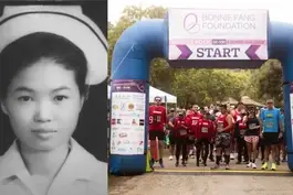 split image showing nurse Bonnie Fang and image from the Nurses Rock 5K/10K race