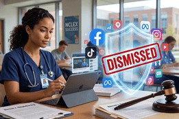 A nursing student uses a tablet. Above it, a digital shield blocks social media icons (Facebook, TikTok) with a red "DISMISSED" stamp, while a gavel rests nearby.