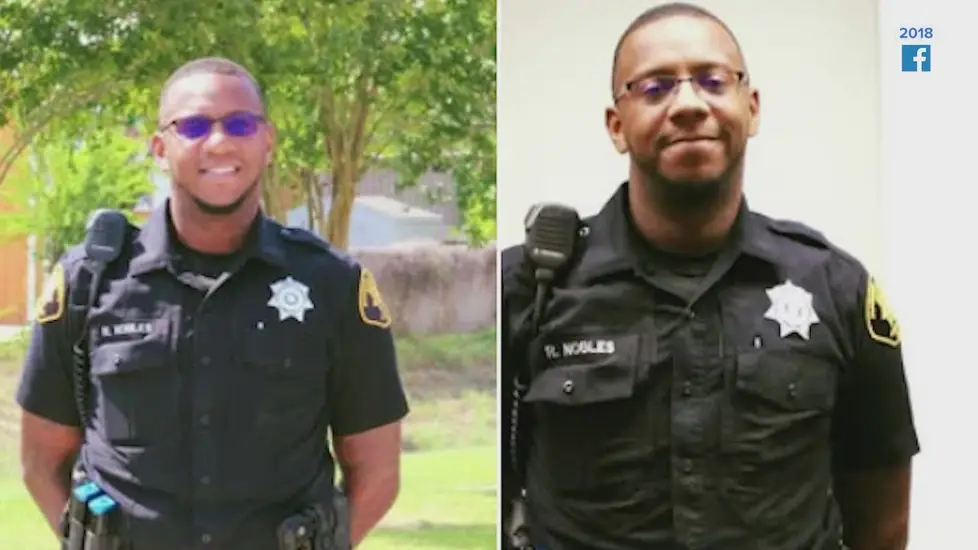 Sgt. Robert Earl Nobles Jr., Harris County deputy charged in Baytown nurse assaults: two uniform photos, smiling outdoors and with radio indoors.