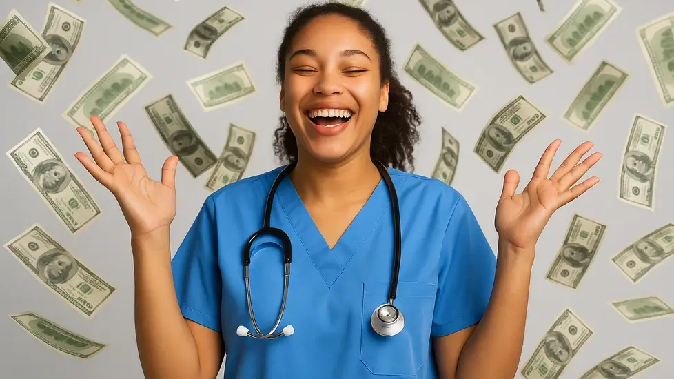 Smiling nurse in blue scrubs with a stethoscope, joyfully raising her hands as dollar bills float through the air around her against a light gray background.