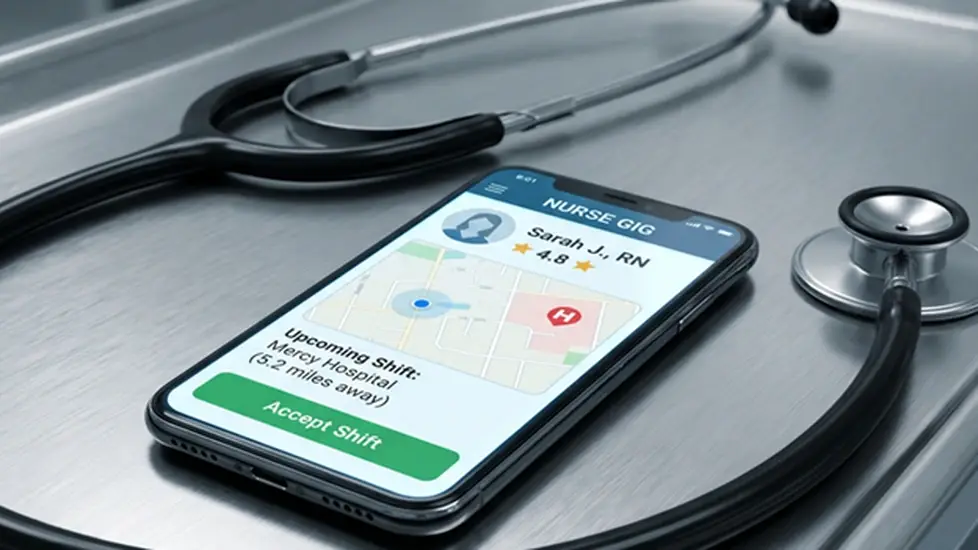A medical stethoscope on a steel tray connects to a smartphone displaying a "Nurse Gig" shift app.