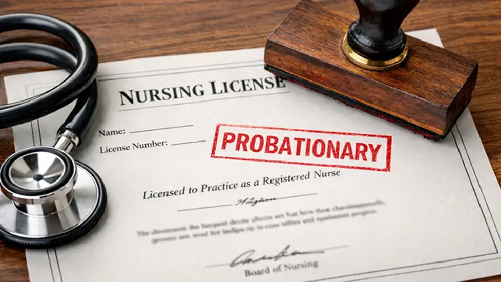 A nursing license on a wooden desk stamped “PROBATIONARY” in red ink, with a stethoscope and rubber stamp nearby.