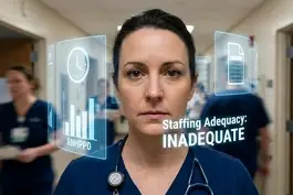 A worried nurse stands in a hospital hallway with transparent screens showing "RNHPPD" and data. Bold text reads: "Staffing Adequacy: INADEQUATE."