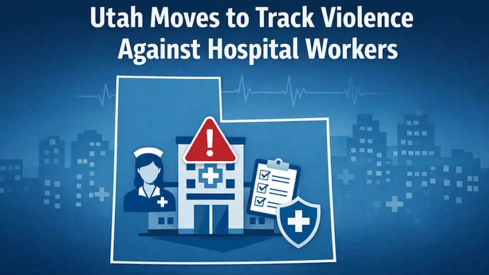 Graphic of the state of Utah with hospital, nurse, and incident report icons highlighting a new law aimed at tracking violence against hospital workers.