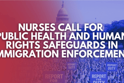 Nurses SHIFT Change promotional graphic with Capitol dome and protesters, calling nurses to sign petition for public health and human rights safeguards in immigration enforcement.