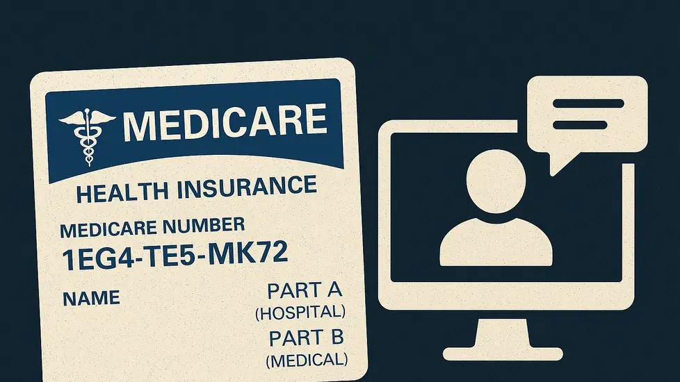 Illustration of a Medicare health insurance card next to a beige telehealth icon on a dark blue textured background