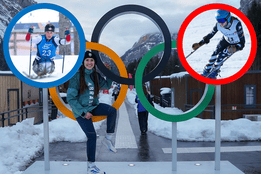 Olympic winter sports athletes pose with Olympic rings in a snowy mountain setting, alongside inset images of para Nordic and alpine skiing events.