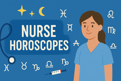 Banner with “Nurse Horoscopes” text, zodiac symbols, stethoscope, syringe, stars, and a nurse in blue scrubs on a blue background.