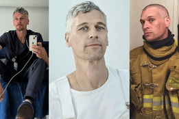 Ned Brower shown in three side-by-side photos—wearing ER scrubs during a mirror selfie, a neutral portrait in a white shirt, and firefighter turnout gear—reflecting his varied career background.