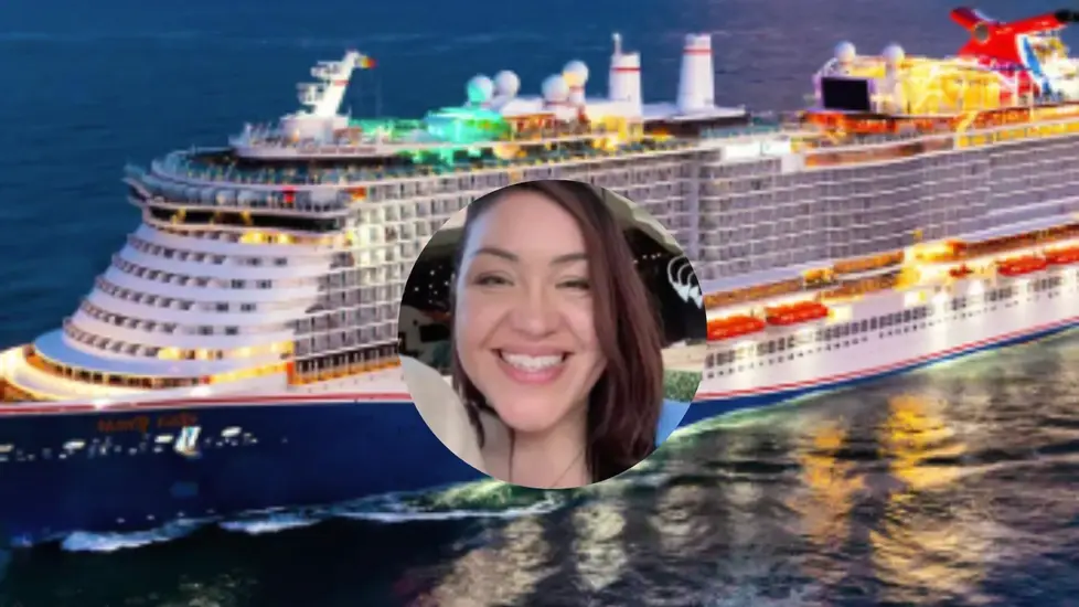 Carnival cruise ship at sea with a circular inset photo of a smiling woman, nurse Diana Sanders involved in a lawsuit over being overserved tequila alcohol onboard.
