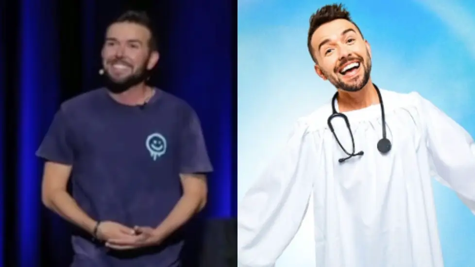 split image showing nurse blake comedian on stage and wearing a stethoscope and white robe